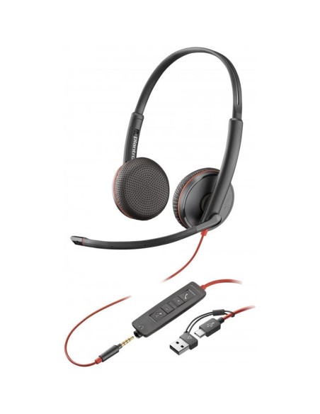 AURICULAR + MICROFONO POLY BLACKWIRE 3225 BIAURAL 3.5MM + ADAPTADOR USB-A/C